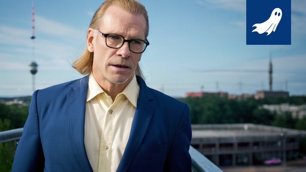 Sarjakuvamainen kuva Mikko Hyppösestä syömässä lounasta yksin tietokoneiden ympäröimänä, drooneja taustalla.