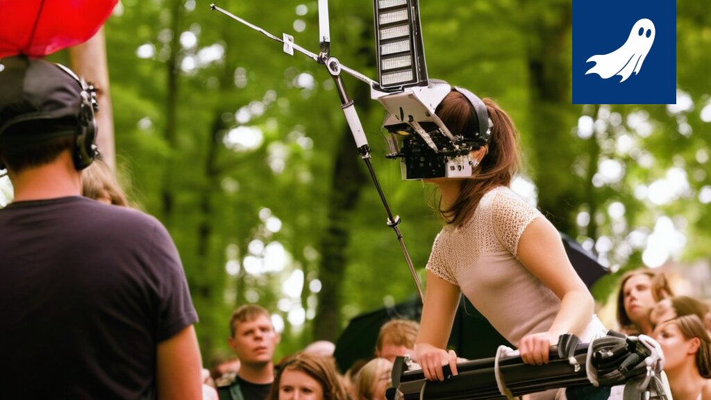 Futuristinen kuva teatteriesityksestä, jossa ihmiset lepäävät makuukapseleissa ja dronet lentävät heidän yläpuolellaan.