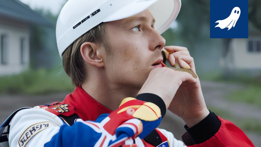 Ralliauto törmää mainostauluun Tampereen Västilässä, havainnollistaen artikkelin satiirista näkökulmaa.