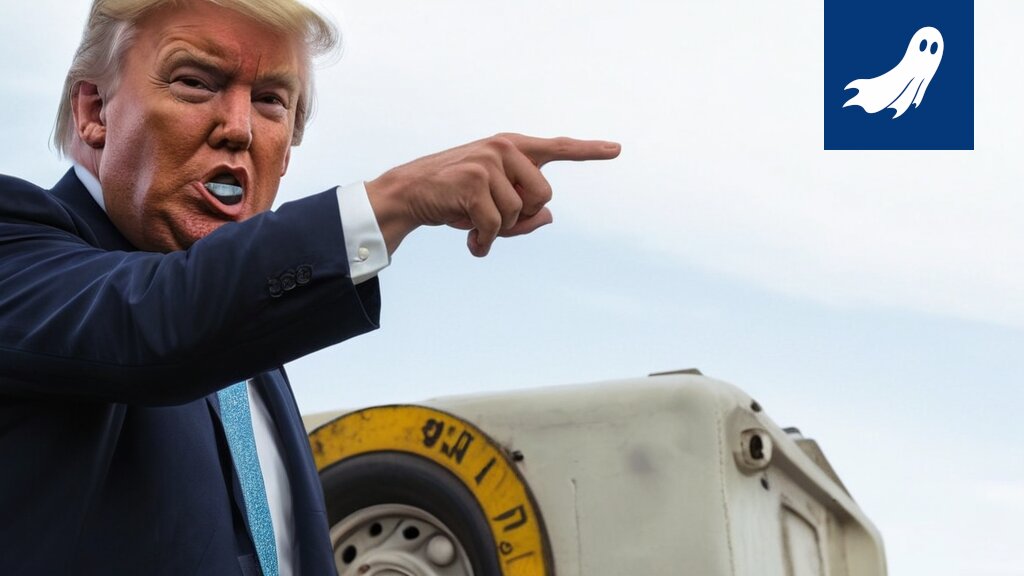 Donald Trump hymyilee kuvassa, taustalla Hormuzinsalmen kartta ja dollarin kuvia.