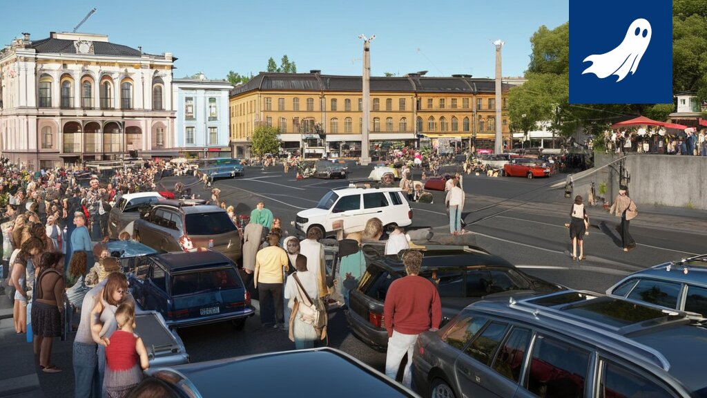 Kuva Tampereen Keskustorista, jossa peräkonttikirppis on muuttunut digitaaliseksi NFT-markkinapaikaksi.