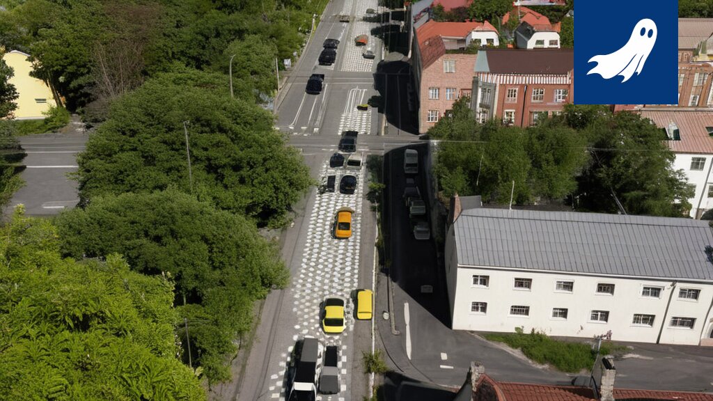 Robocop vartioi suojatietä massiivisella esteellä, kun taas taustalla näkyy koululaisten kaivamia tunneleita.