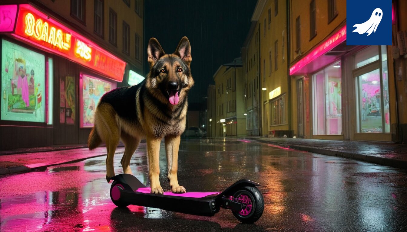 Robottisusi ahdistelemassa skootteria Hervannan kaduilla, satiirinen uutiskuva.