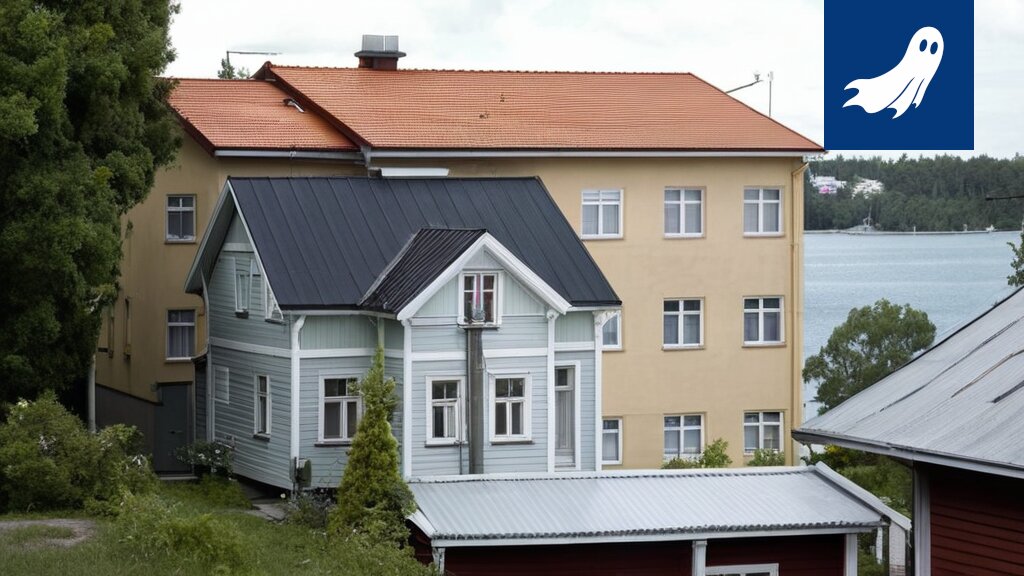 Sarjakuvamainen kuva Tampereen kaupungintalosta, jonka yläpuolella leijuu kiinteistöverolaskuja.