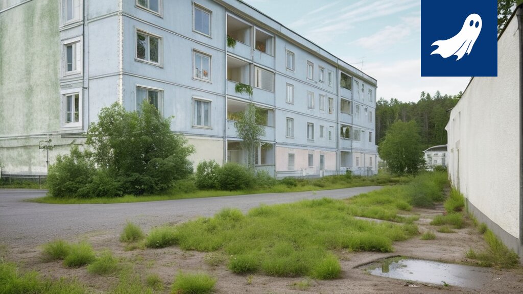 Kuva täynnä pakettiautomaatteja Tampereen asuinalueella, flamingoja ja futuristinen robotti partioimassa.