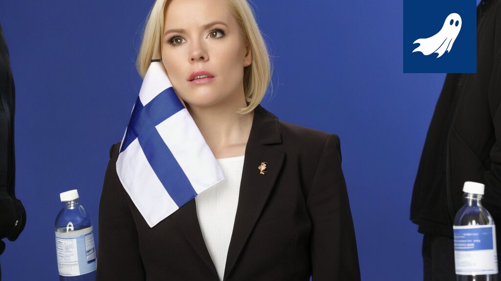 Sisäministeri Mari Rantanen tekoälyn kanssa valvomaan Schengen-rajaa, satiirinen kuva.