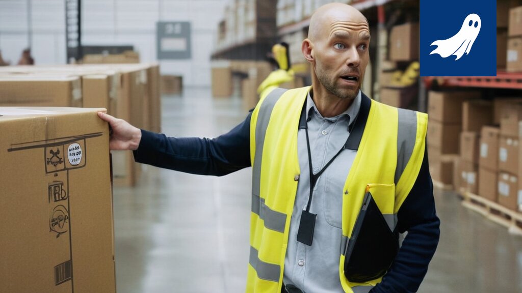 Kuva F9 Distributionin varastosta, jossa trukkikuski kuljettaa paketteja osakemarkkinoiden symbolien keskellä.