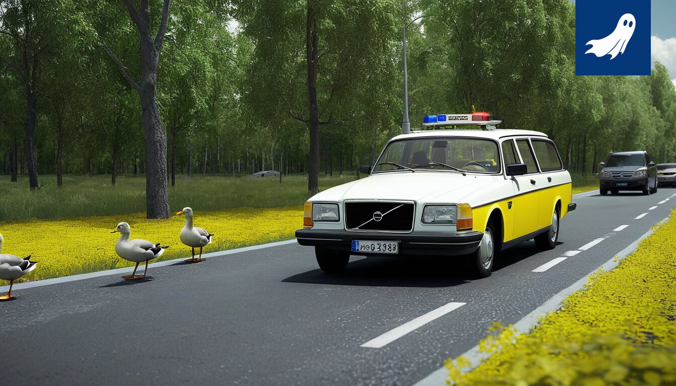Poliisirobotti jahtaamassa autoa Tampereen kaduilla, satiirinen kuva.