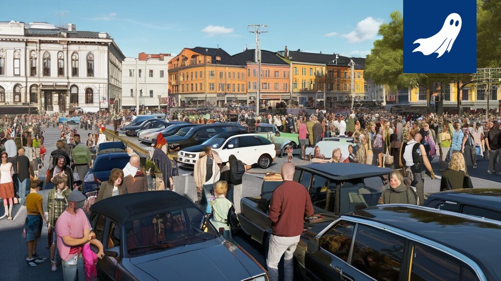 Kuva Tampereen Keskustorista, jossa ihmiset etsivät digitaalisesti arvioituja esineitä ja robotit valvovat tapahtumia.