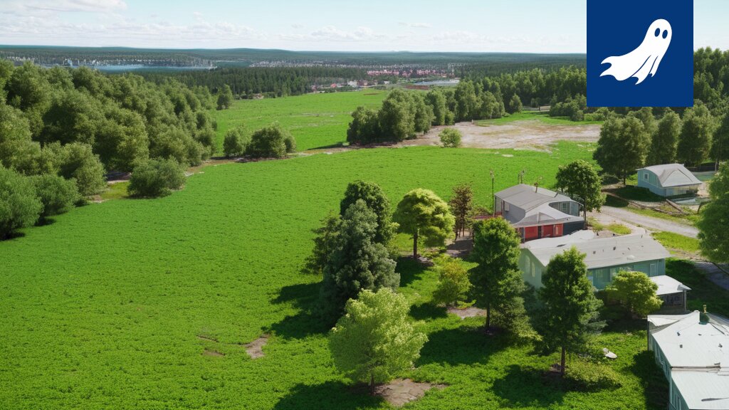 Satiirinen kuva Pirkkalan Metaverse-tontista, jossa digitaalinen Pyhäjärvi ja futuristinen rakennusmaisema.