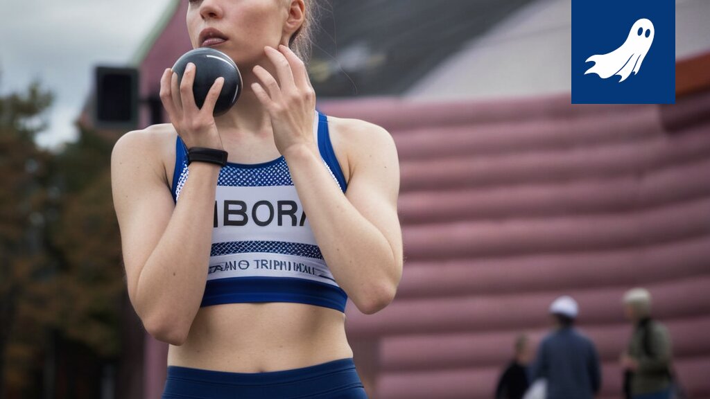 Kuva Enni Virjosesta seitsenottelussa, jossa näkyy futuristinen, datan keräämiseen tarkoitettu puku.