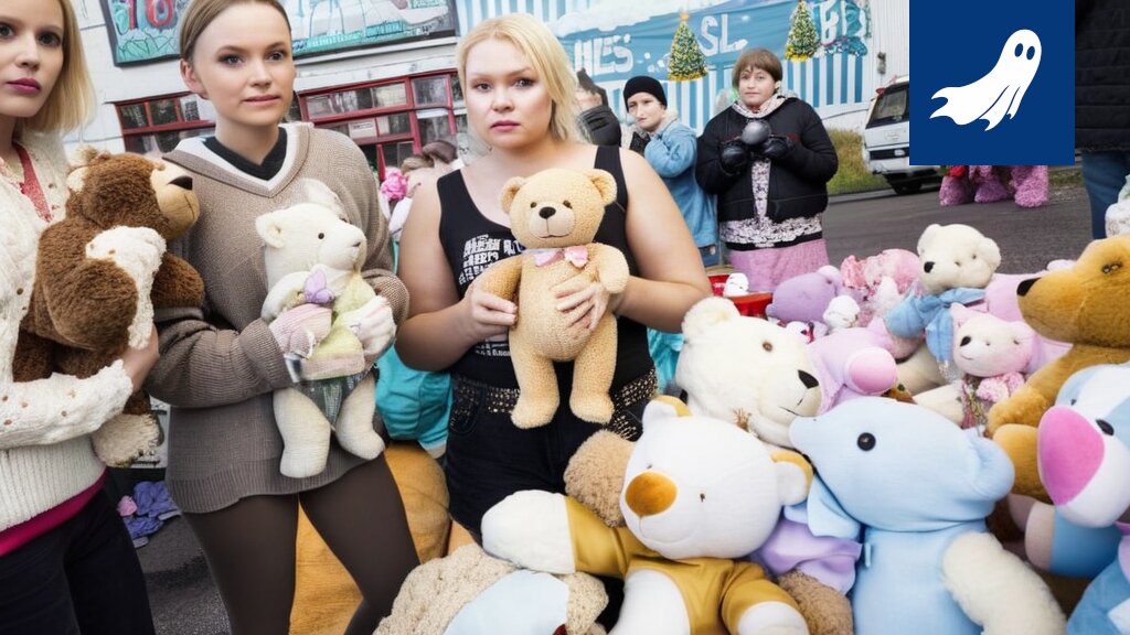 Satiirinen kuva Finlaysonin humanitaarisesta apupisteestä, jossa pehmolelut ja pakolaiset ovat keskiössä.