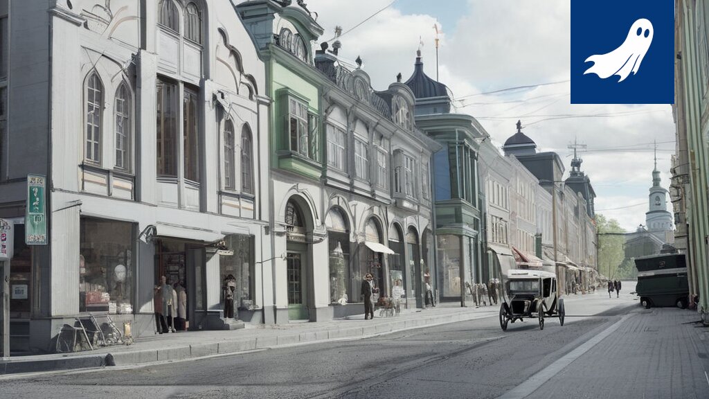 Kuva Vapriikin museokeskuksesta, jossa 1910-luvun tyylisiä hahmoja ilmestyy nykypäivään.