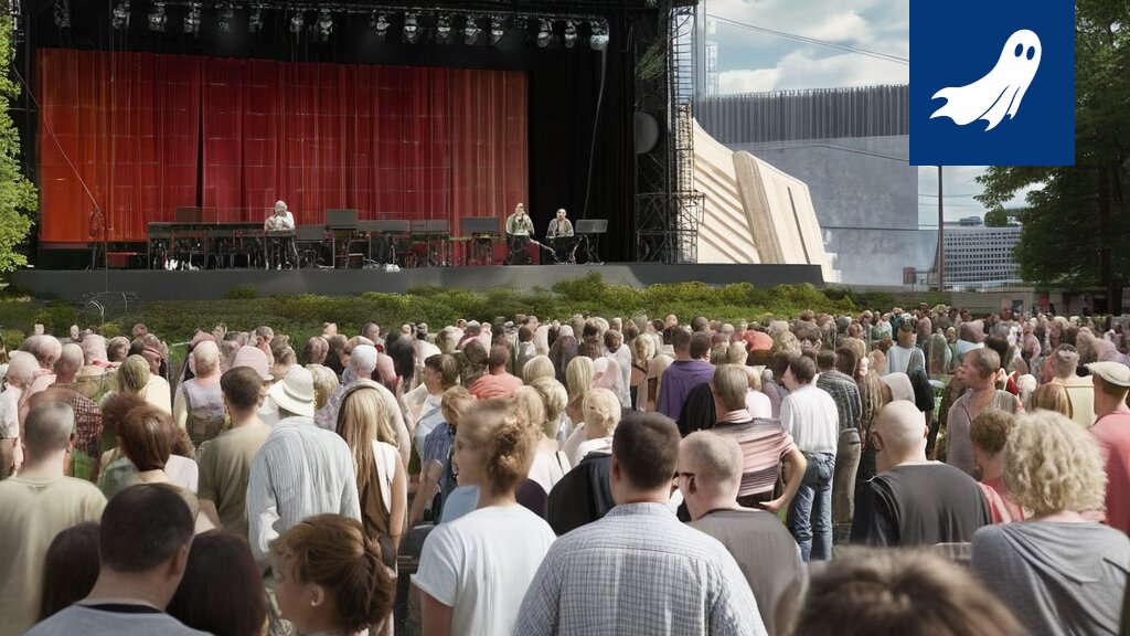 Tampere Filharmonian orkesteri esiintymässä ulkoilmakonsertissa, yleisöä katsomossa.