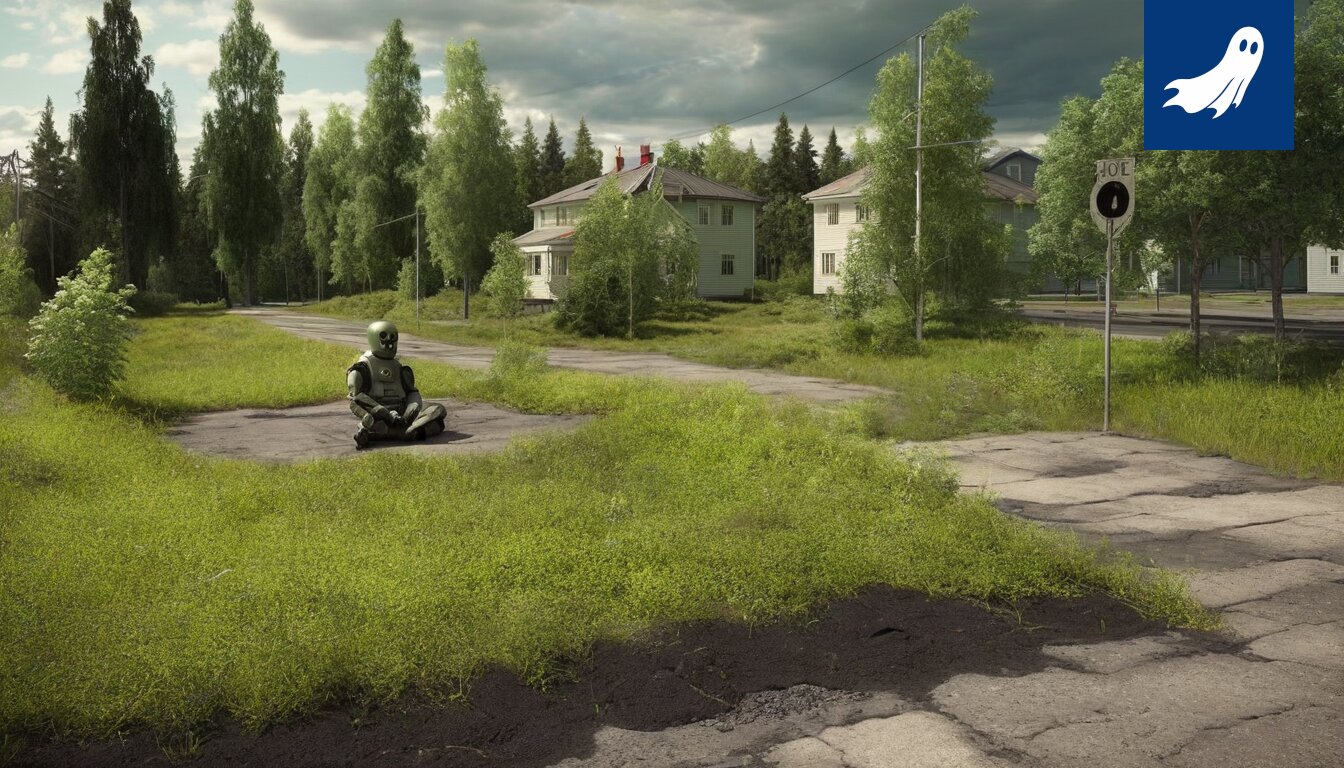 Ruoveden kylänraitti suljettuna poliisirobotin valvonnassa, taustalla traktorimielenosoittajia.