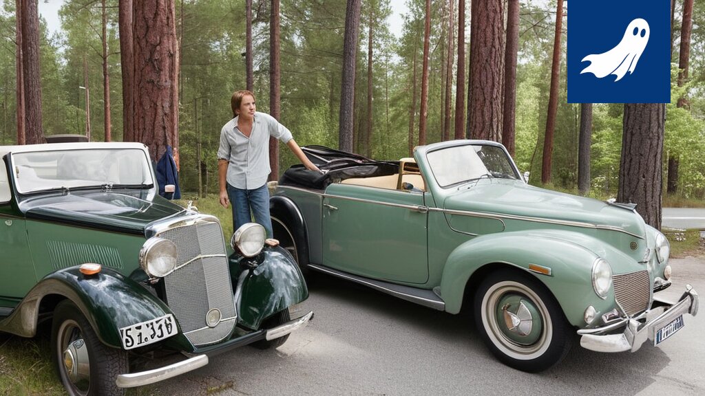 Ruosteinen, sininen Ford Taunus risteyksessä, jonka ympärillä näkyy hämmentyneitä autoja ja aikahypyn vaikutuksia.