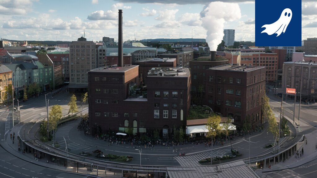 Sarjakuvamainen kuva Tampereen Ranta-Tampellan alueesta, jossa ihmiset hengittävät maksullista ilmaa RFID-tunnisteiden avulla.