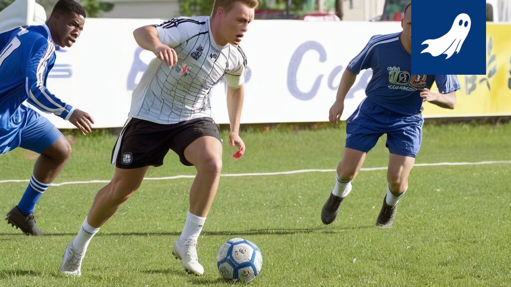 Thomas Lahdensuo potkaisemassa palloa, jonka ympärillä näkyy osakekursseja ja dataa.