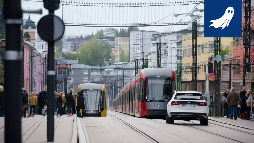 Kuva itsestään rakentuvasta betonimuurista Tampereen kaupungissa, jossa näkyy robottipoliisi valvontatehtävissä.