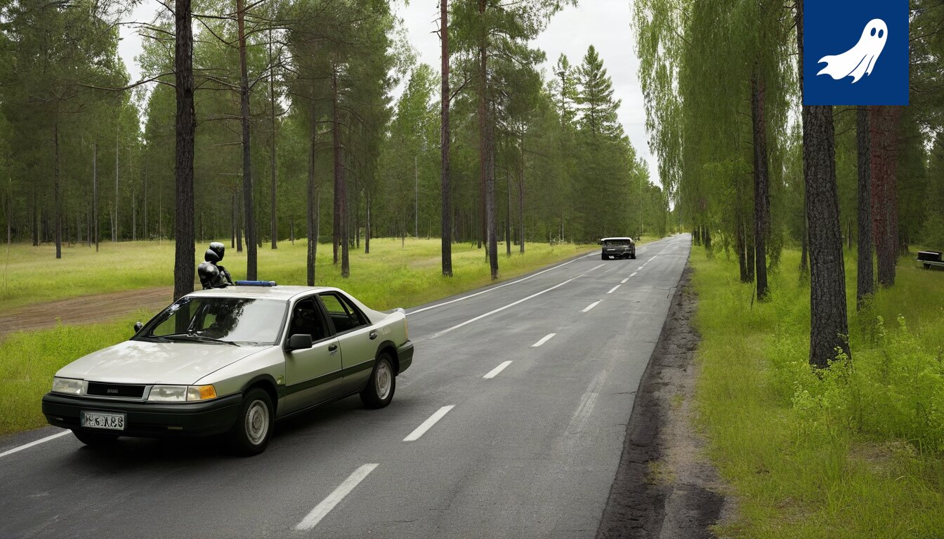 Ruosteinen Robocop-prototyyppi pysähtyneenä Ylöjärven moottoritielle, aiheuttaen liikennehäiriön.