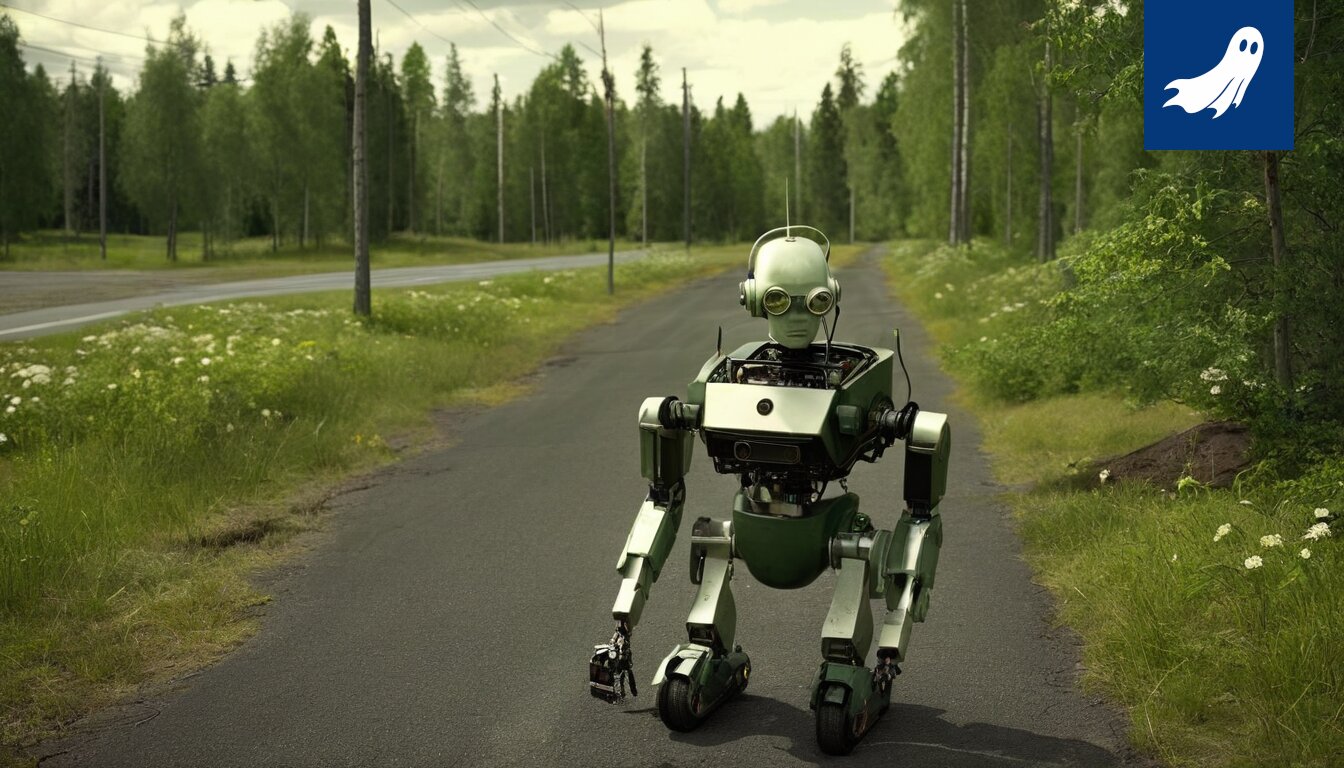 Vaurioitunut auto Tesoman parkkipaikalla, taustalla viittauksia Eppu Normaalin keikkaan ja robottivalvontaan.