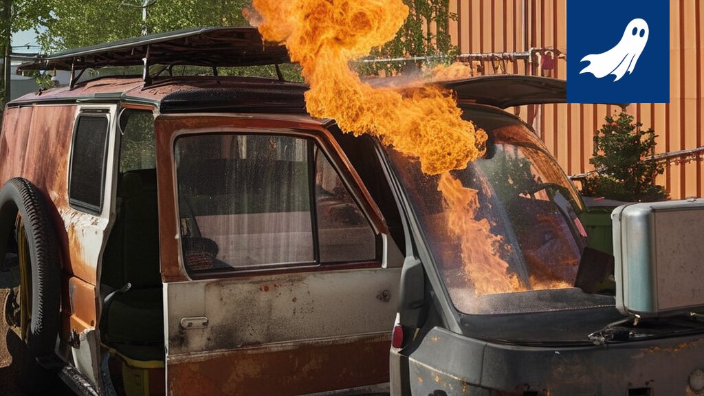 Liekki-Transit ajoneuvo Scooter-musiikkivideon tyyliin, symboloiden ironisesti pandemia-aikaa ja markkinointia.