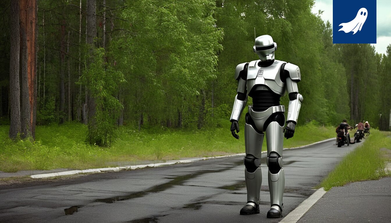 Robocop rakentamassa betonimuuria mopon eteen, satiirinen kuva Tuusulan mopokriisistä.