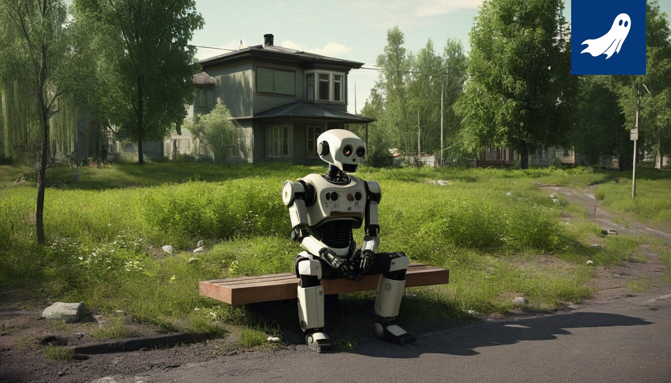 Sarjakuvamainen kuva robottipojasta, joka lukee runoa vanhukselle, korostaen artikkelin satiirista luonnetta.