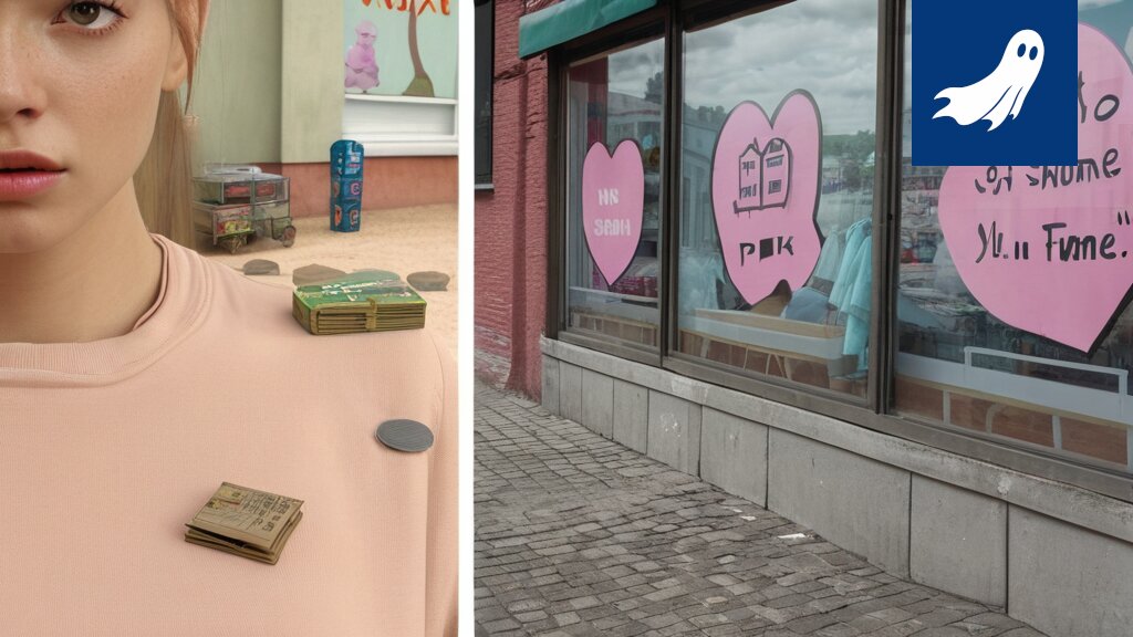 Sarjakuvamainen kuva Pirkkalasta, jossa käytetyt haalarit toimivat valuuttana ja robotti hallitsee kaupunkia.