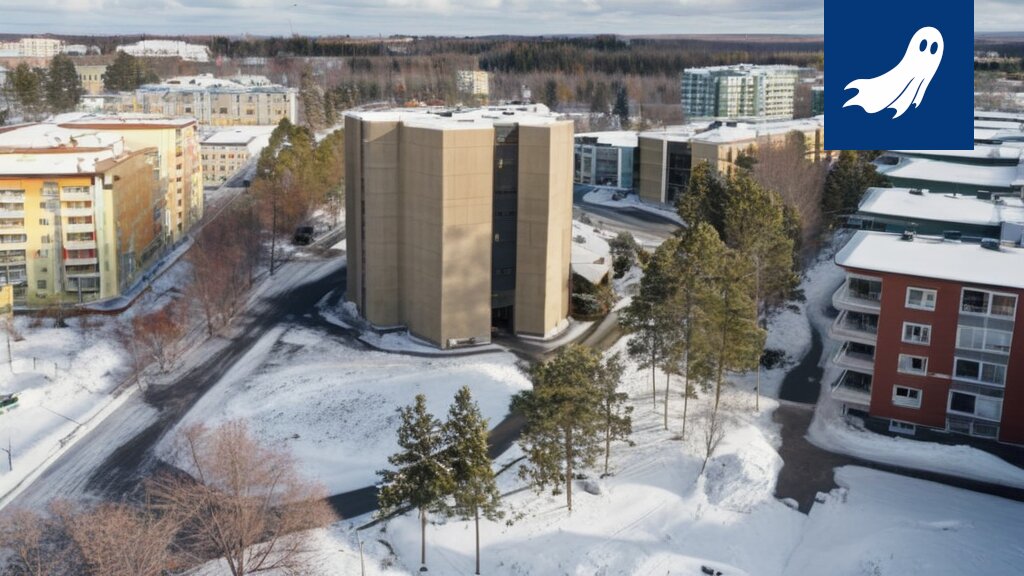 Kalevan kirkko valaistuna, kuva symboloi teknologian ja kaupallisuuden yhdistelmää.