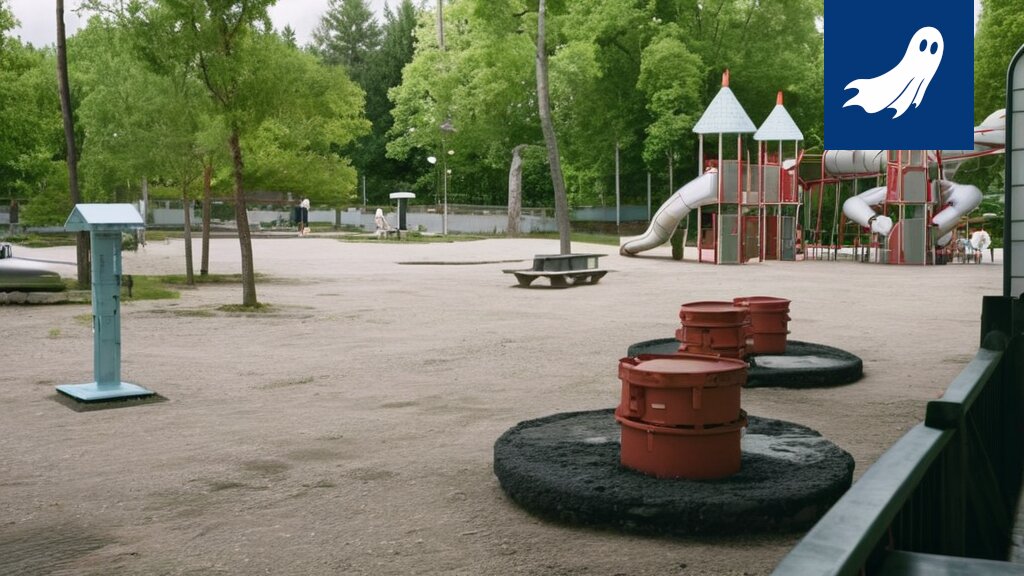 Sarjakuvamainen kuva Tampereen kaupungintalosta, jonka edessä on pieni leikkipaikka ja taustalla suuri mainospilari.