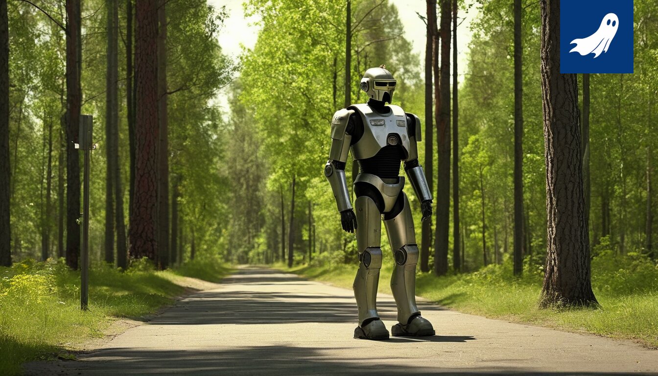 Robotin partiointirobotti Hämeenkadulla mainostaa pyöräilykypäriä, viitaten satiiriseen uutiseen SM-liigan mediakuutiosta.