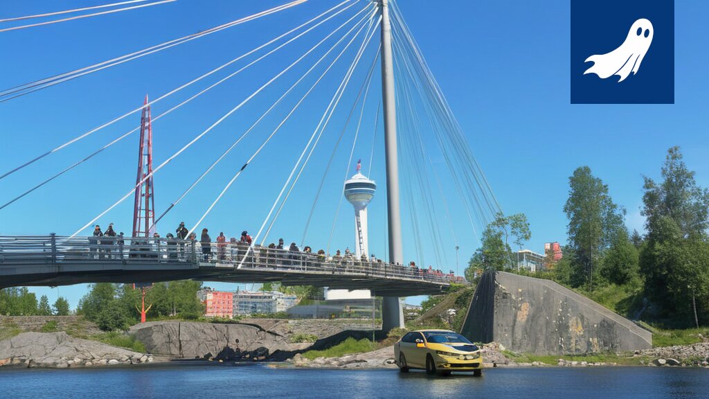 Kiiltävä Robocop potkaisee maahan ihmisen Tampereen katukuvassa, satiirinen uutiskuva.