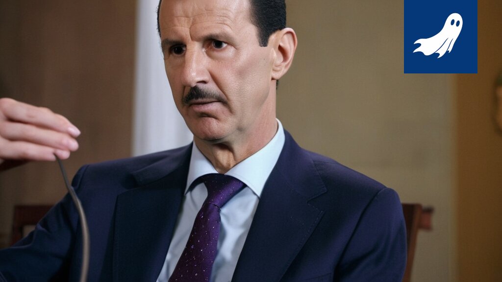 Sarjakuvamainen kuva Syyrian presidentti Bashar al-Assadista katsomassa virtuaaliteloitusta televisiosta.
