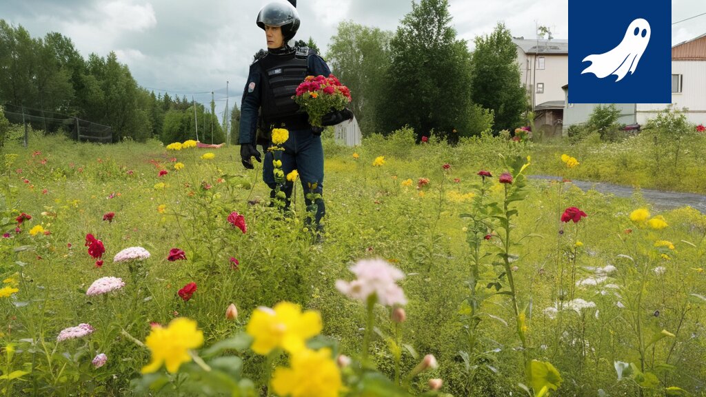 Sarjakuvamainen kuva Lempäälän kukkapellosta, jossa robotit keräävät kukkia ja taustalla näkyy Tampereen siluetti.