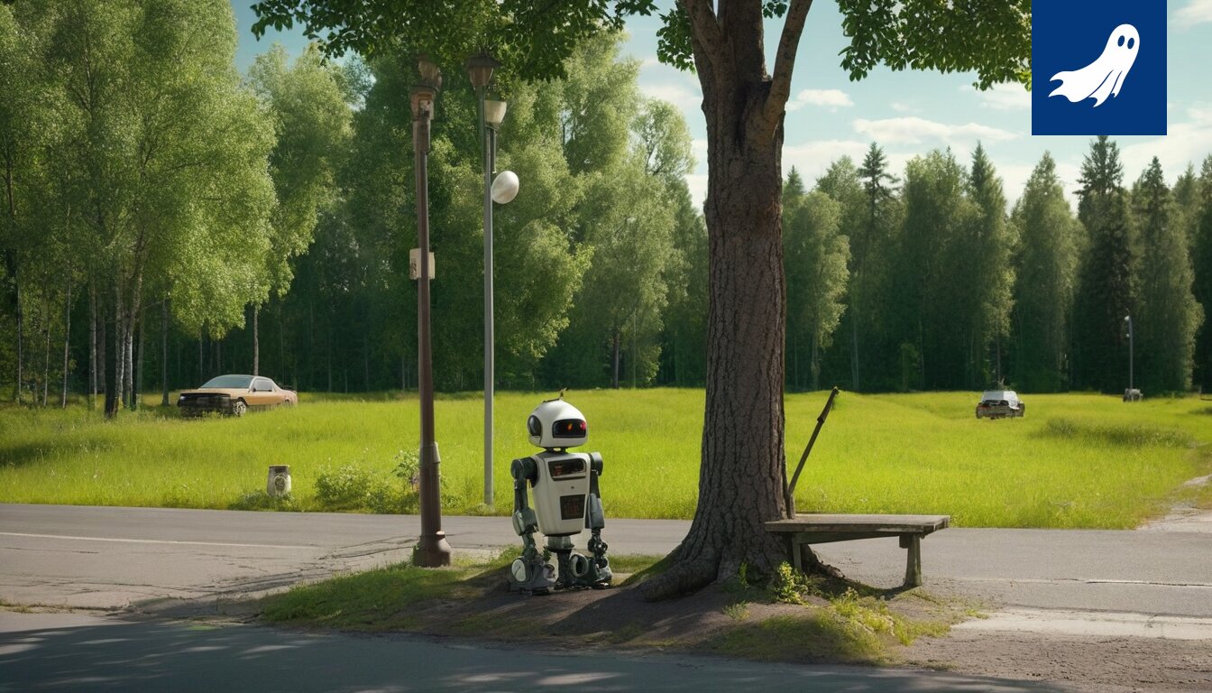 Satiirinen kuva aurinkosimulaation virheestä, jossa auringonpimennys aiheuttaa kaaosta Tampereen kahviloissa ja liikenteessä.