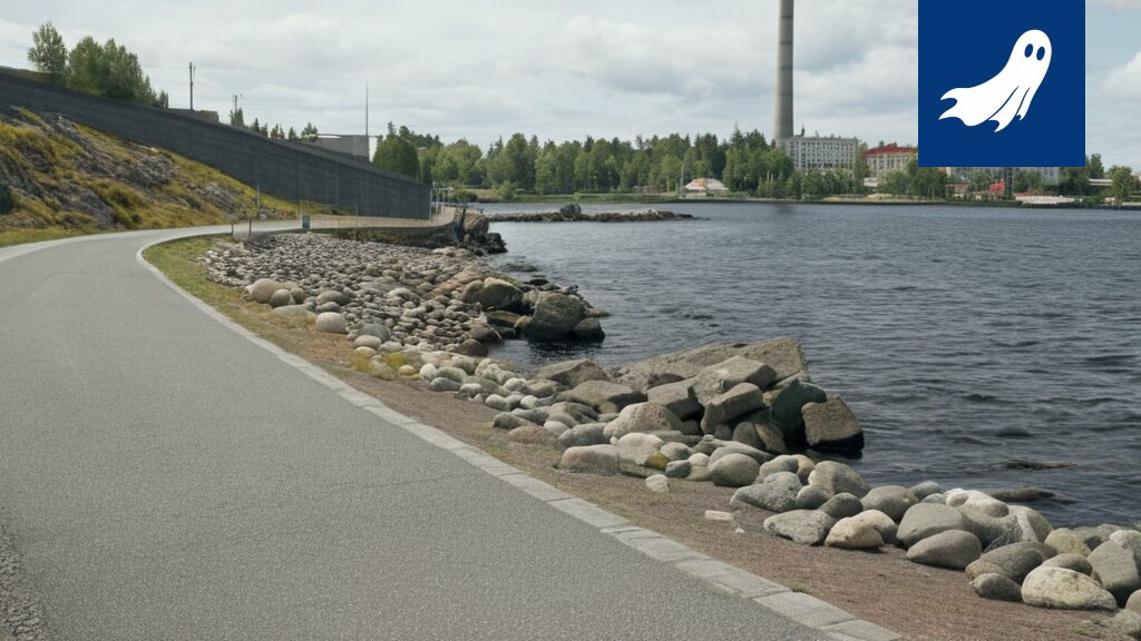 Tammerkosken rantareitti kuvattuna ilmakuvasta, korostaen sen virkistysaluetta ja mahdollista valvontaa.