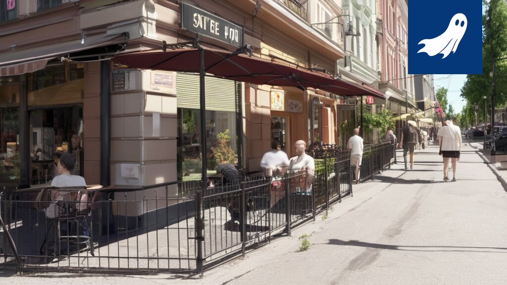 Pella's Cafe Tampereen ulkoasu, jossa vihjataan digitaaliseen ja lohkoketjupohjaiseen konseptiin.