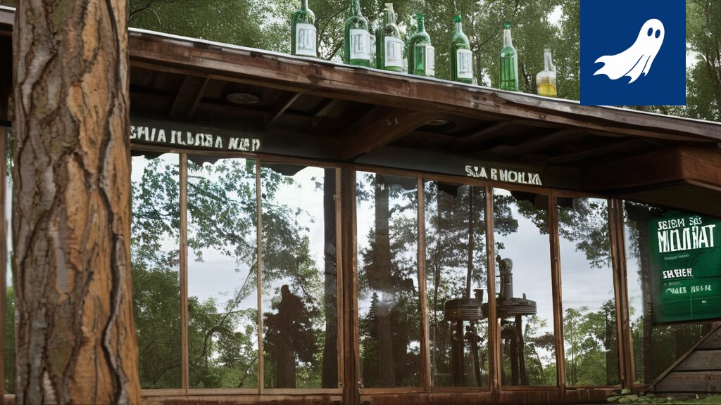 Sääksmäen Siltakahvilan logo tai kuva pullosta, jossa lukee 'Sääksmäen Pisarat'.