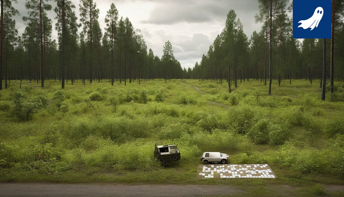 Satiirinen kuva villisikakriisistä, jossa robotti valvoo villisikojen liikkeitä Kaakkois-Suomen metsissä.