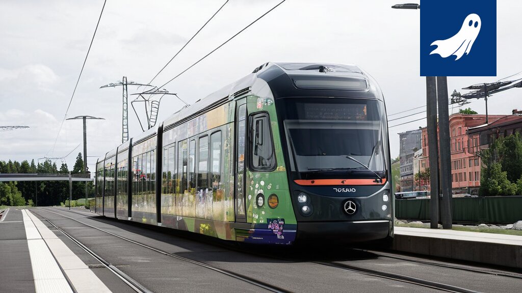 Sarjakuvamainen kuva Tampereen keskustan bussista, joka kerää mikromaksuja matkustajilta.