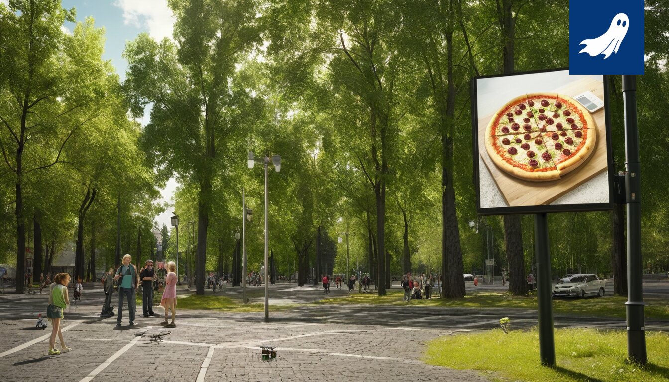 Sarjakuvamainen kuva Tampereen kaupungintalosta, jonka yllä leijuu suuria mainosbanderolleja ja droneja.