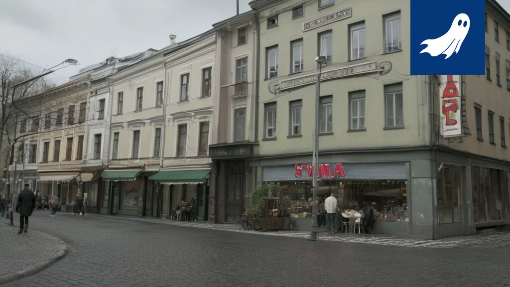 Robottipartio Keskustorilla Hesburgerin edessä, valvontakameroita ja suojavarusteita myynnissä.