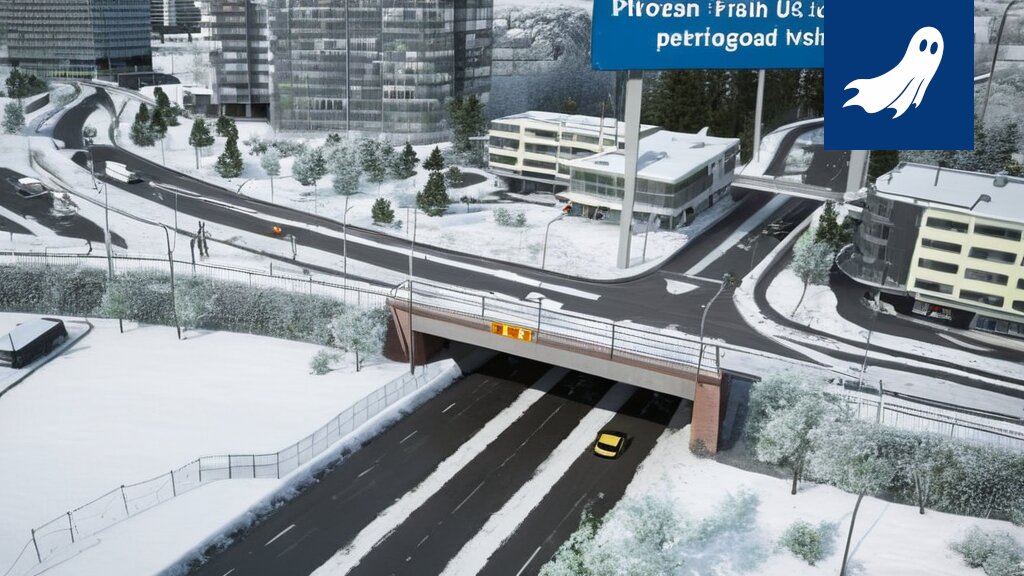 Robottipoliisi valvoo liikennettä Tampereen keskustassa, taustalla vajoava katu.