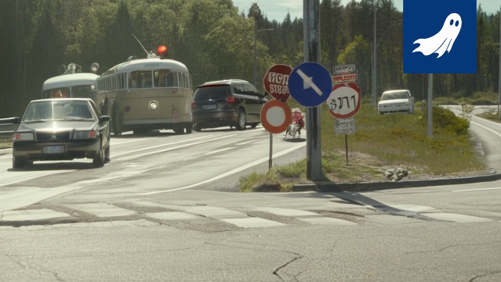 Robocopin logo tai kuva Lempääläntien liikenneonnettomuuspaikalta, symboloiden tekoälyn ja liikenteen ristiriitaa.