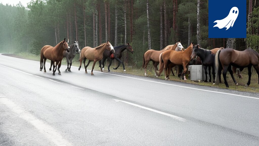 Neljätoista suomenhevosta galoppaa vilkkaalla valtatiellä, aiheuttaen kaaosta ja huvitusta.