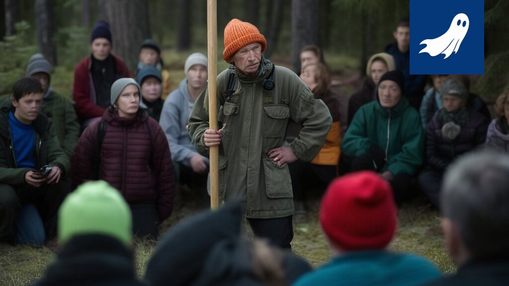 Ukkometso istuu puussa Ylöjärven metsässä, kuoron esityksen aikana.