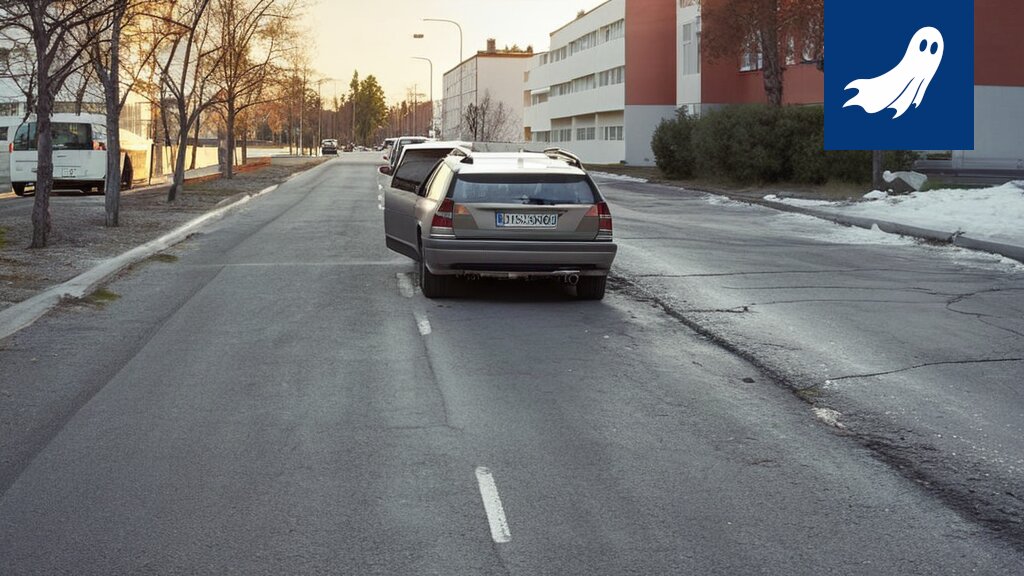 Mopoilijoiden mielenosoitus jalkakäytävällä, taustalla Robocop-vartija ja virhemaksukone.