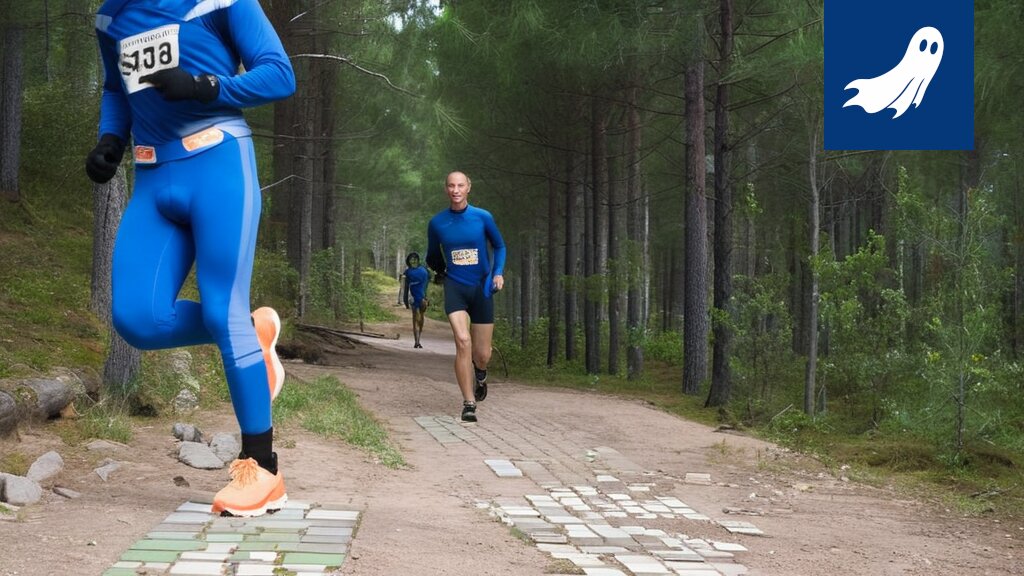 Satiirinen kuva juoksutapahtumasta, jossa robotti valvoo juoksijoita ja mainokset hallitsevat reittiä.