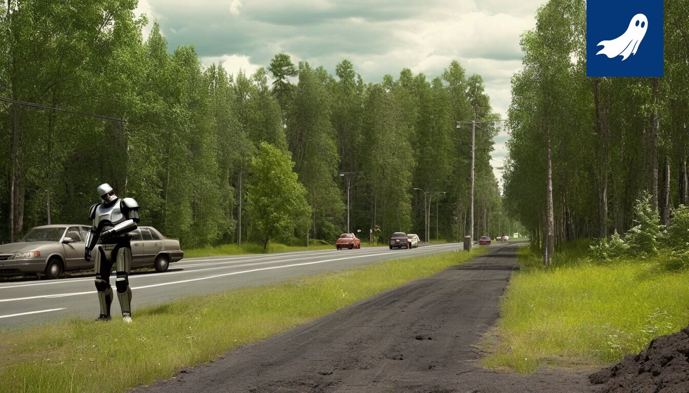 Robocop pesäpallokentällä sieppari-suojakilpiä asentaen, taustalla hämmentyneitä pelaajia.